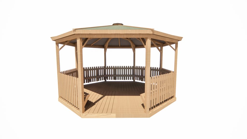 Octagonal Shelter – With Picket Sides, Fixed Seating& Decking