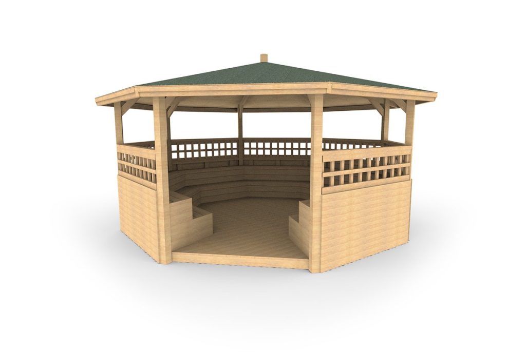 Octagonal Shelter – Tiered Seating, Sides, Trellis, Decking