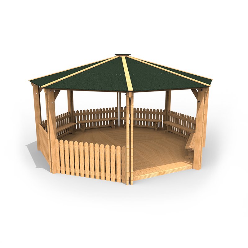 Octagonal Shelter – With Picket Sides, Seating and Decking